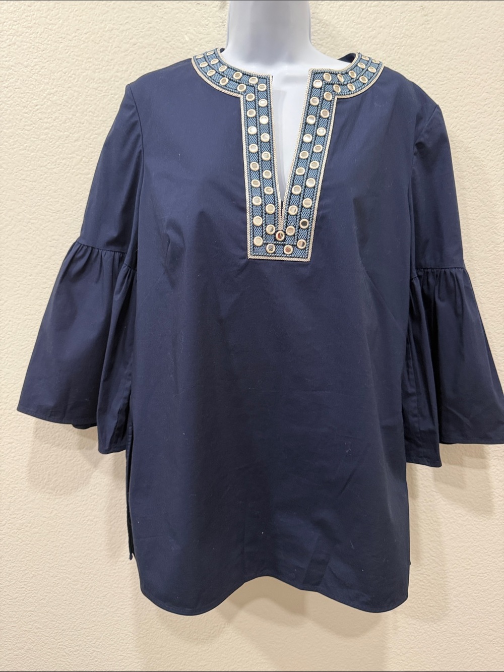 TORY BURCH Navy Tunic with Studded Notch Collar size 10